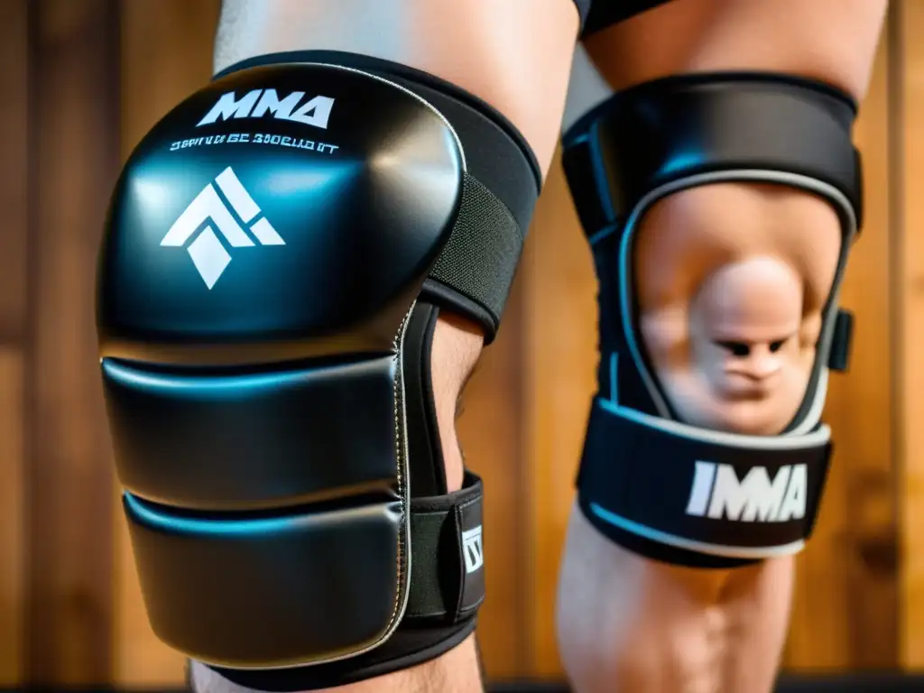 Rodilleras de MMA negras de alta calidad en madera brillante Par de rodilleras negras de MMA de alta calidad, resistentes y ajustables sobre superficie de madera pulida