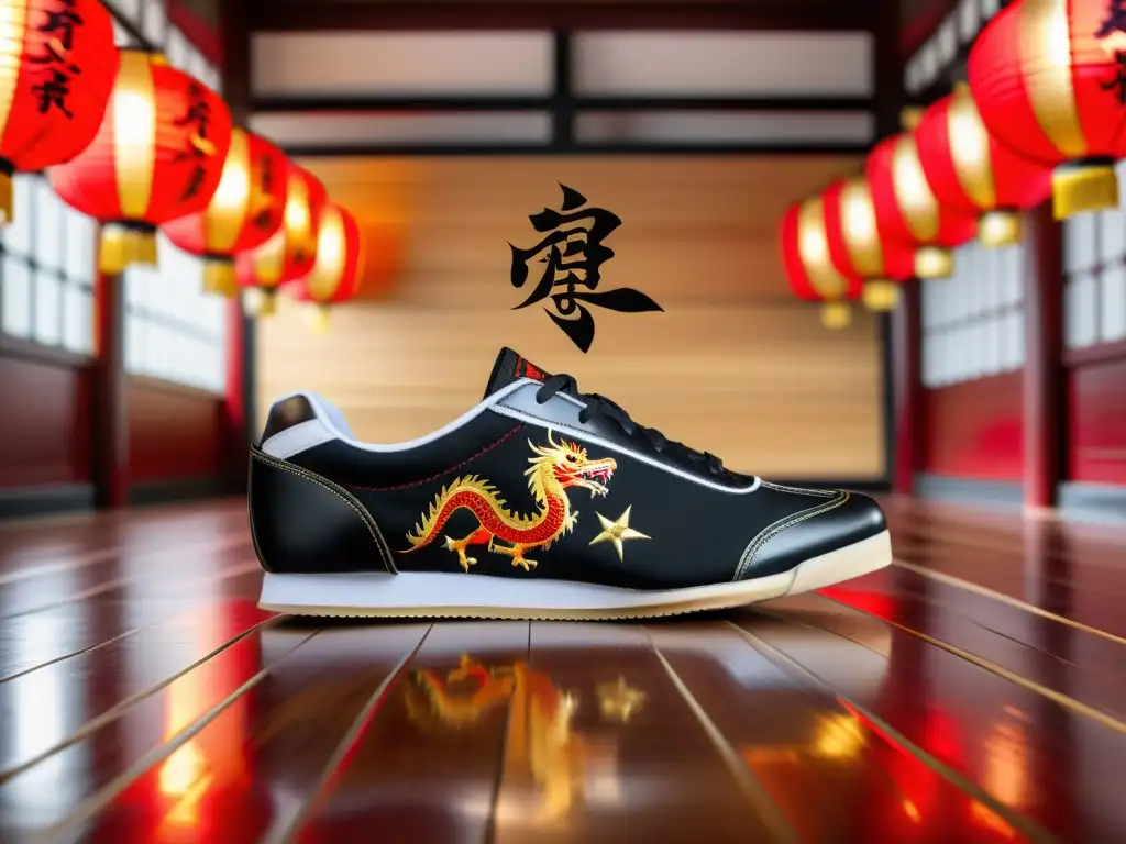 Un par de zapatillas de artes marciales negras con bordado de dragón rojo y dorado, en un dojo tradicional con suelo de madera y linternas de papel