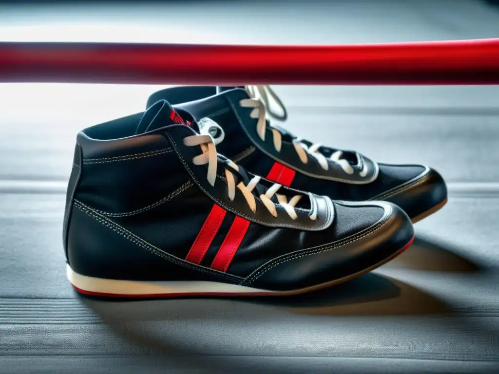 Un par de zapatos de boxeo de alto rendimiento negros con acentos rojos sobre el lienzo gastado de un ring, evocando determinación y fuerza