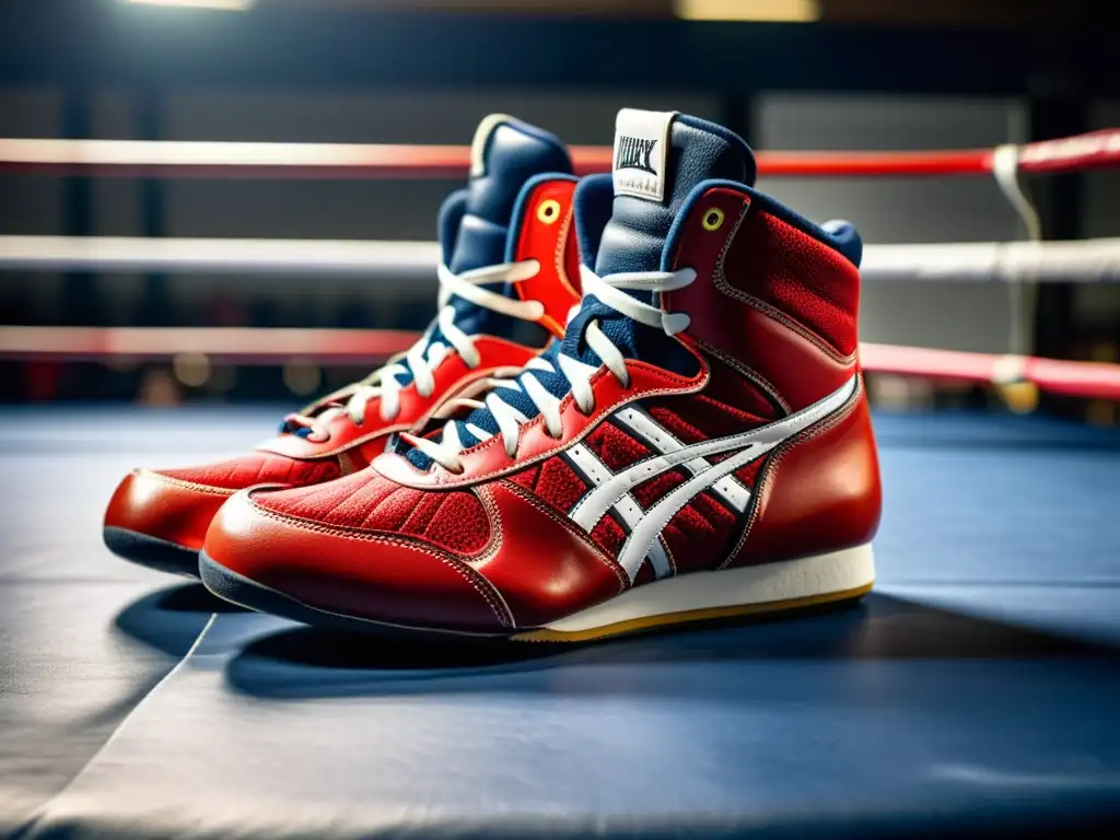 Un par de zapatos de boxeo de alto rendimiento, detallados y listos para el combate, en un entorno de entrenamiento intenso