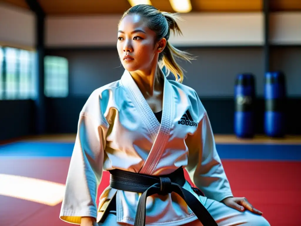 Un paraatleta con discapacidad visual demostrando técnicas de artes marciales en un dojo iluminado