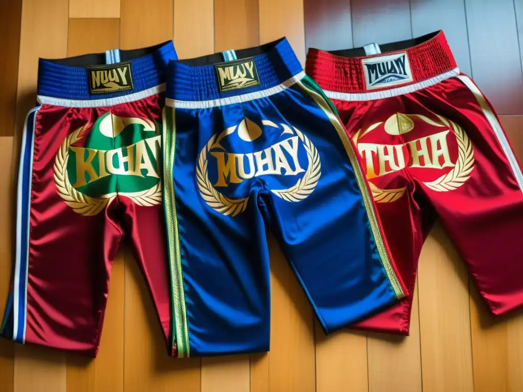 Tres pares de pantalones de kickboxing y muay thai en vibrantes colores y detalle artesanal sobre una superficie de madera pulida