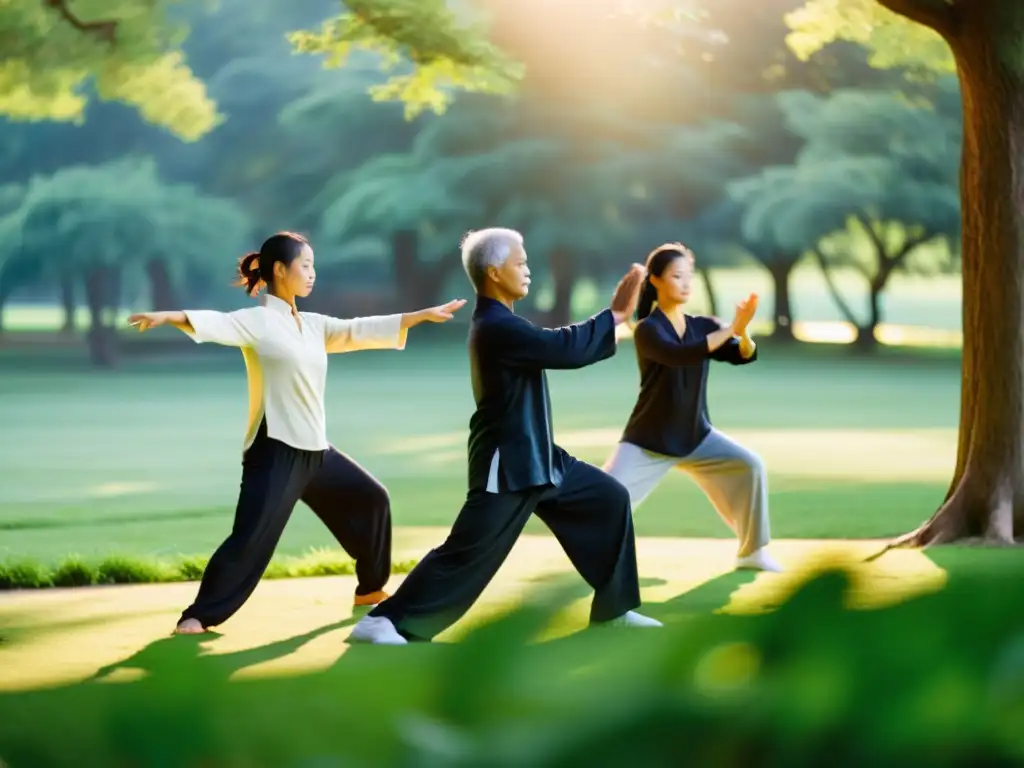 Un parque sereno y frondoso donde un grupo diverso practica Tai Chi en armonía, buscando equilibrio y tranquilidad