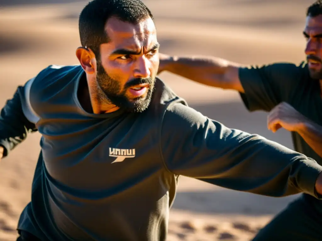 Participantes practicando Krav Magá en el desierto de Israel, reflejando determinación y fuerza