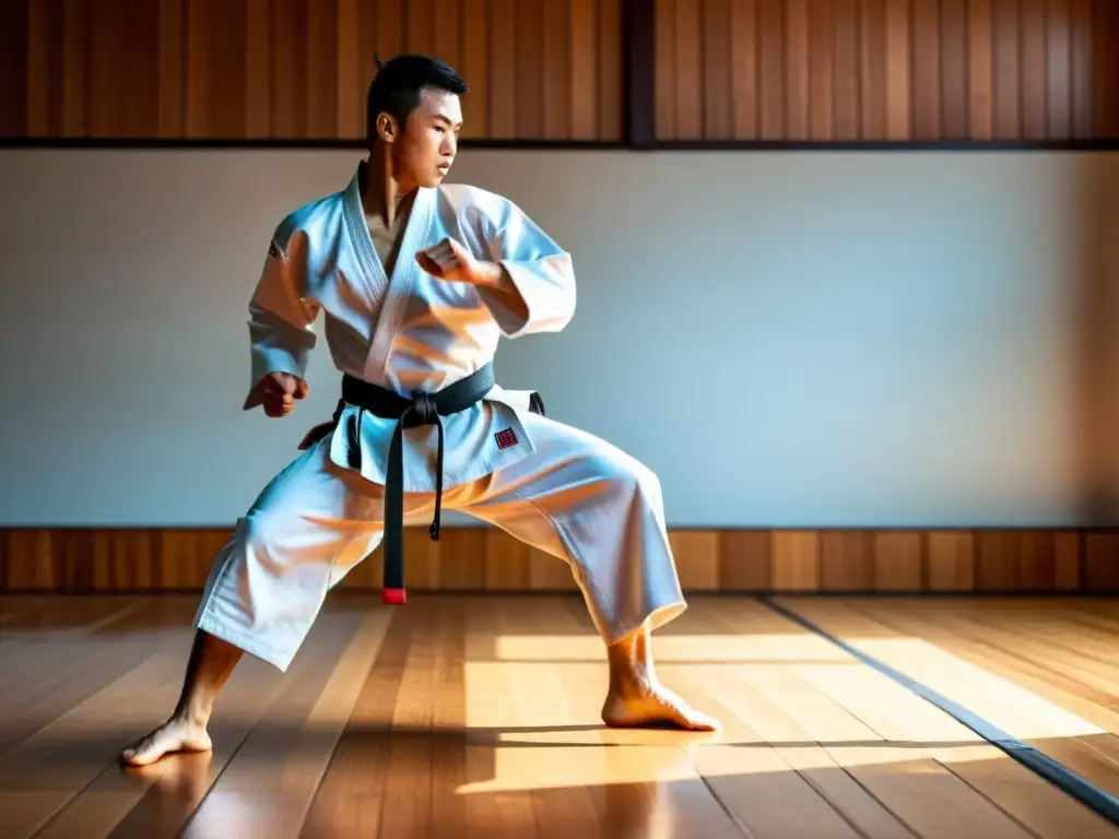 Karateka ejecuta patada en el aire con determinación en dojo tradicional