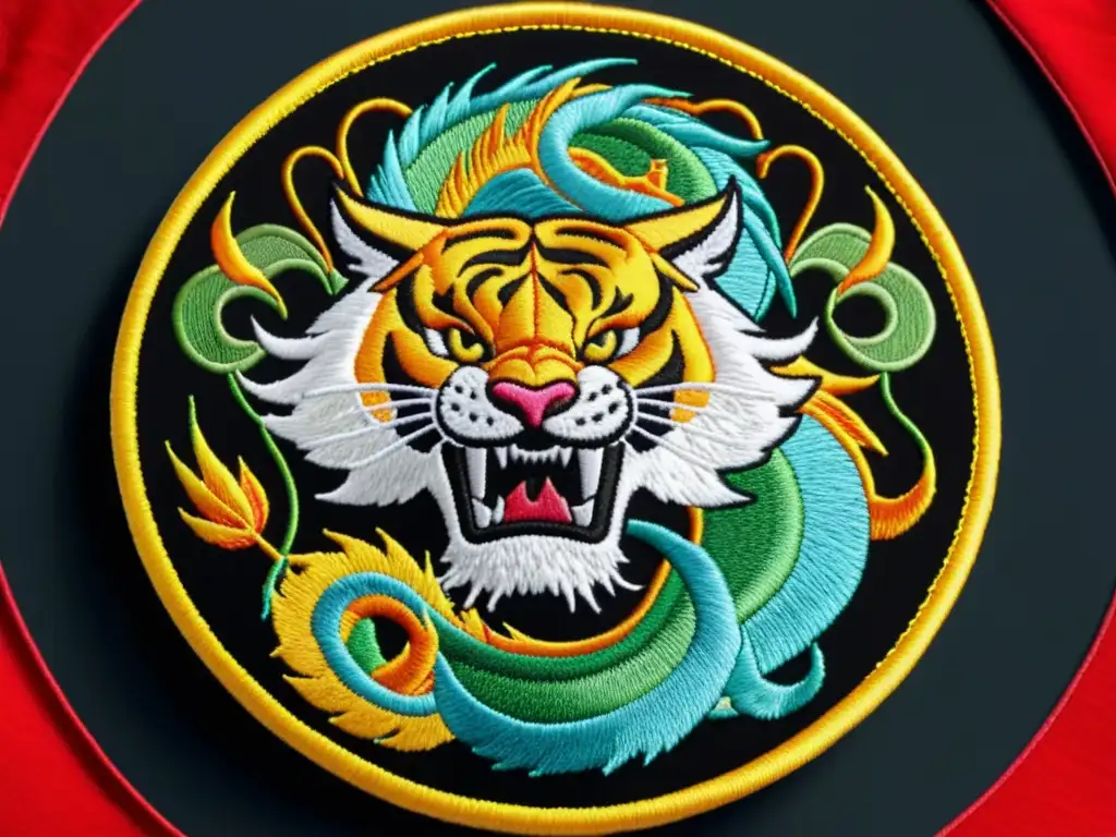 Patch de bordado de uniforme marcial con dragón y tigre en vibrantes colores, reflejando la tradición artística de Patches y bordados ropa marcial