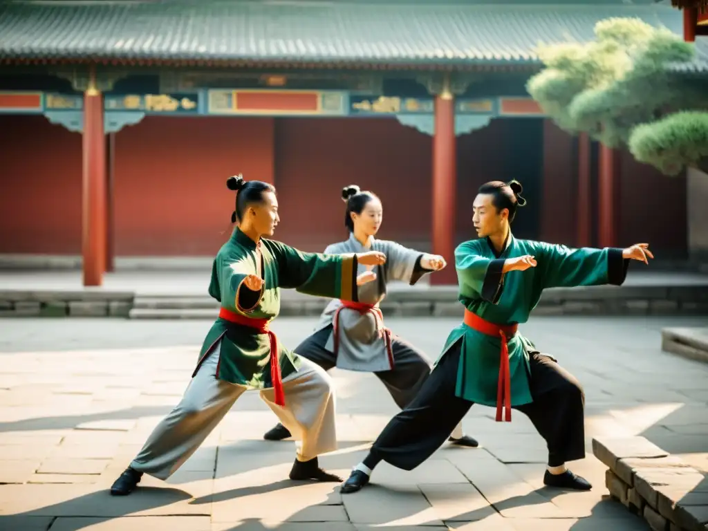 Práctica de Kung Fu en un patio chino tradicional, con maestros vestidos en atuendo tradicional demostrando técnicas