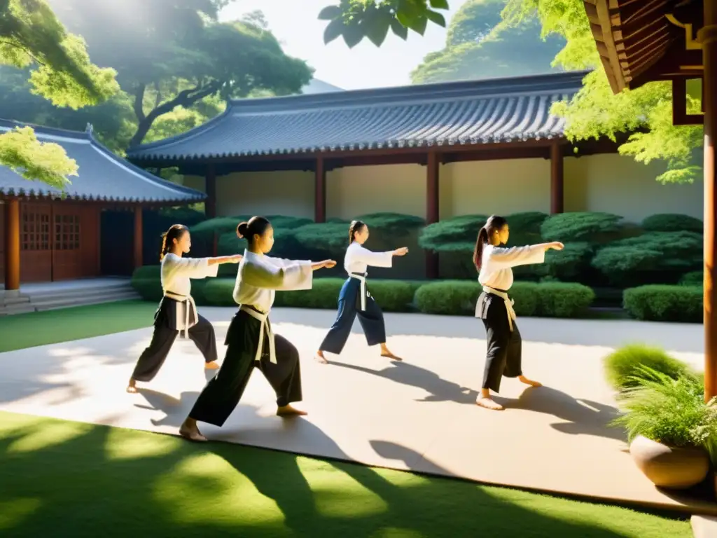 Un patio sereno y soleado rodeado de exuberante vegetación, con practicantes de tai chi en armonía