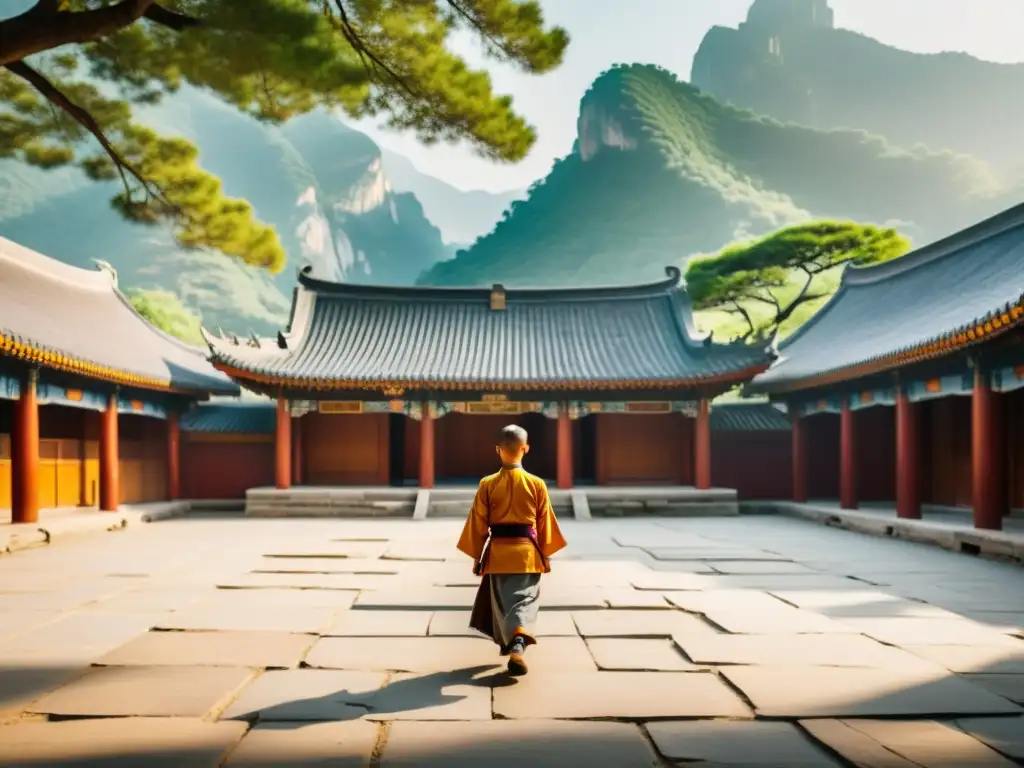 Un patio tranquilo de un templo Shaolin, donde estudiantes practican kung fu bajo la mirada del maestro