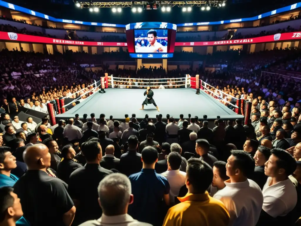 La evolución del PayPerView en artes marciales: arena llena con fans emocionados y luchadores listos, en un ambiente vibrante y lleno de energía