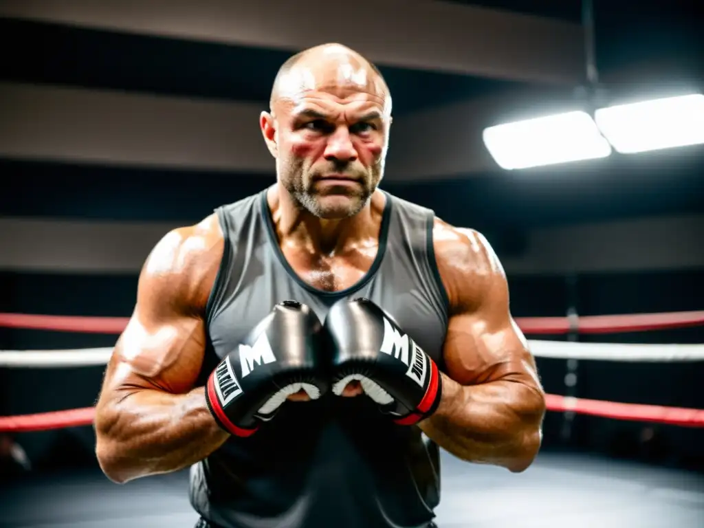 Randy Couture se prepara para la pelea en un oscuro gimnasio de MMA, mostrando su influencia en la evolución del deporte