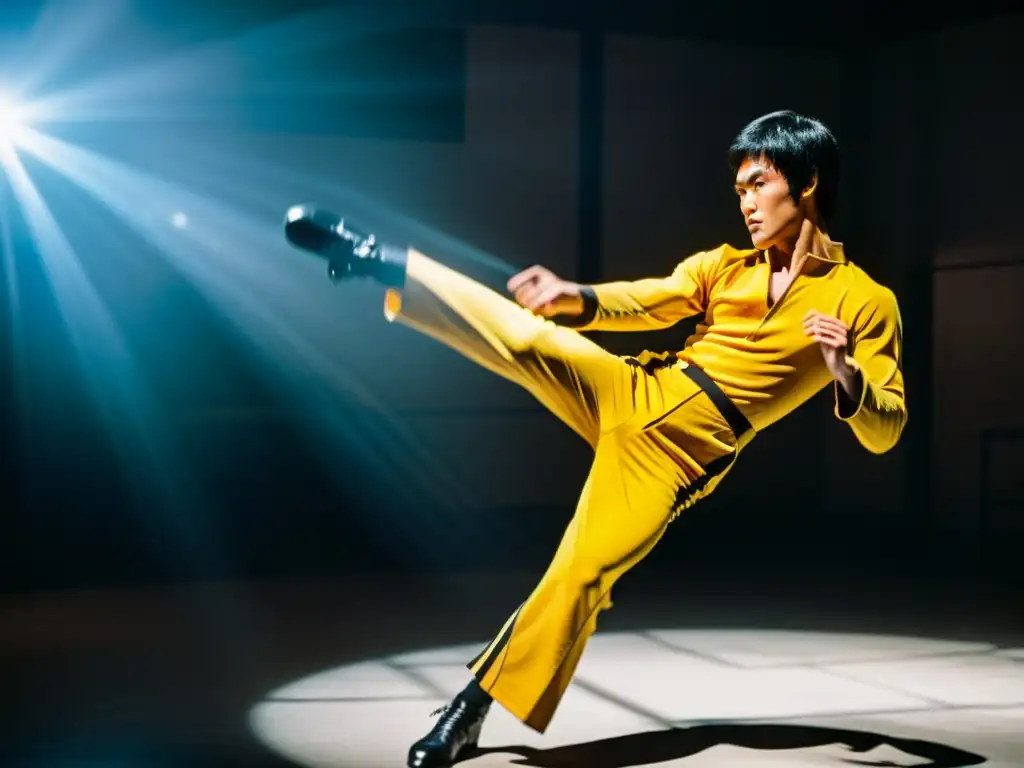 Bruce Lee ejecuta un perfecto flying kick en su icónico traje amarillo de 'Juego de la muerte', resaltado por una iluminación dramática