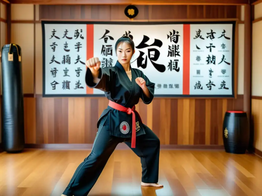 Persona practicando artes marciales en un espacio amplio y luminoso, con uniforme tradicional