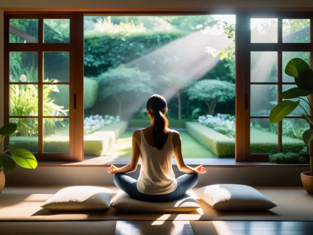 Persona meditando en calma, iluminada por la luz del sol en una habitación serena, practicando meditación samatha para incrementar foco