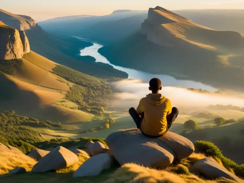 Persona en la cima de una montaña, en meditación al amanecer, transmite calma y serenidad, reflejando estrategias para mantener calma