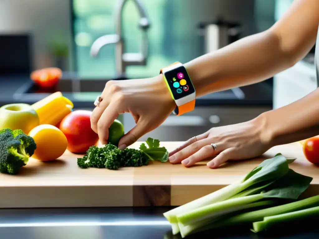 Persona con wearables preparando comida saludable en cocina moderna