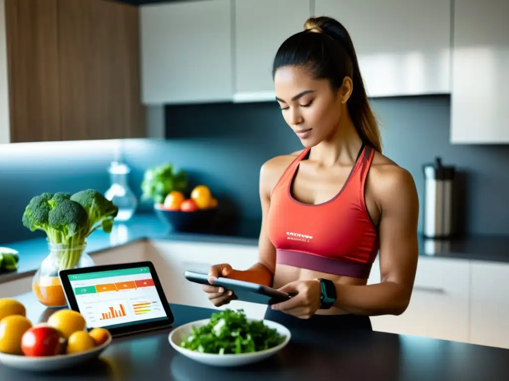 Persona analizando datos de salud en la cocina con wearables para optimizar dieta en artes marciales