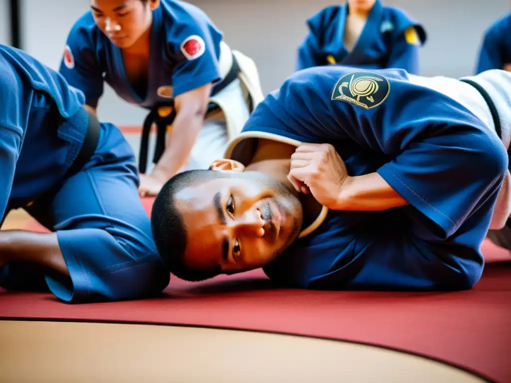 Persona con discapacidad practicando JiuJitsu Brasileño con determinación y adaptabilidad, rodeada de apoyo y comunidad inclusiva