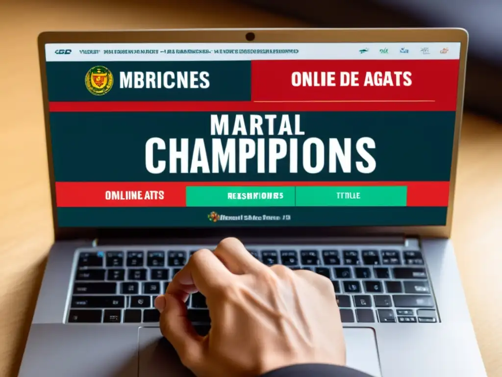 Persona enfocada y determinada, realizando inscripciones online para campeonatos de artes marciales en un entorno moderno y profesional