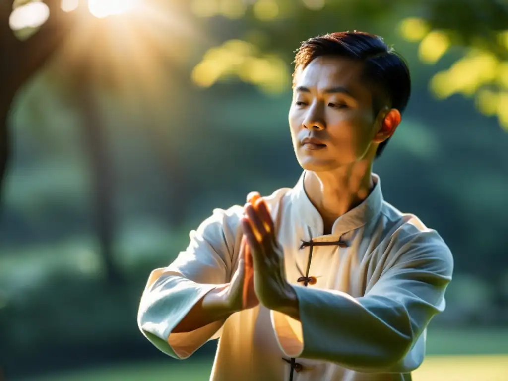 Una persona practica Tai Chi en un entorno sereno al aire libre, con la luz solar que proyecta un cálido resplandor