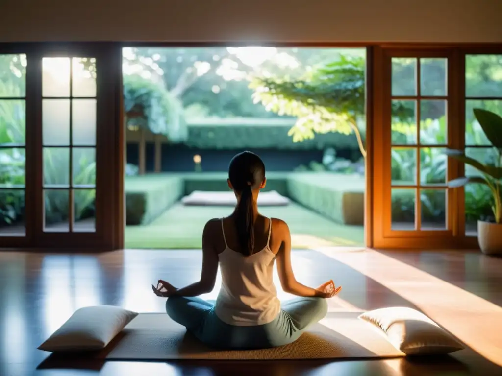 Persona practicando meditación Samatha para incrementar foco en habitación serena con vista a jardín