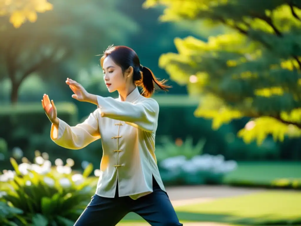 Una persona practica Tai Chi con gracia en un jardín sereno, bañado por la cálida luz matutina