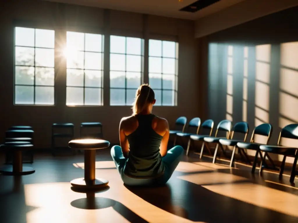 Persona en habitación con sillas vacías, derrotada pero determinada