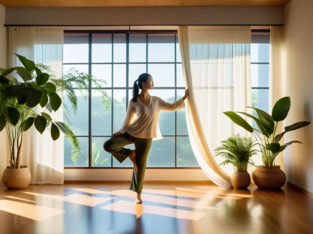 Persona practicando Tai Chi en una habitación soleada y serena con espejo de cuerpo entero, plantas y luz natural