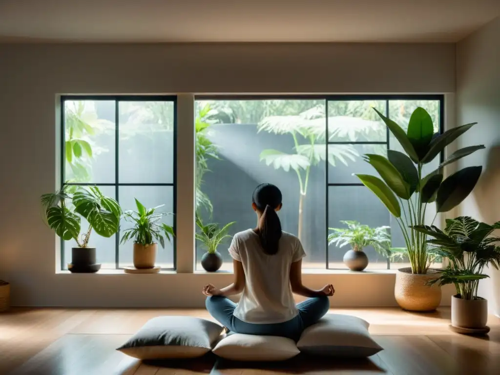 Persona meditando en habitación tranquila, luz suave entra por ventana