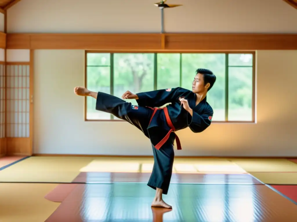 Persona practicando Hapkido en casa, ejecutando una patada precisa con concentración intensa