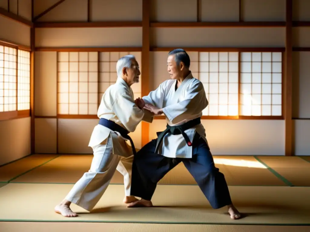 Persona mayor practicando Aikido con maestro en dojo sereno, resaltando beneficios del Aikido para personas mayores