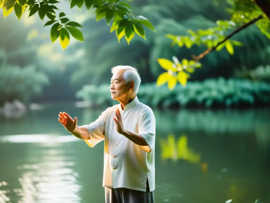 Una persona mayor practica Tai Chi con gracia en un entorno sereno al aire libre, rodeada de exuberante vegetación y agua tranquila