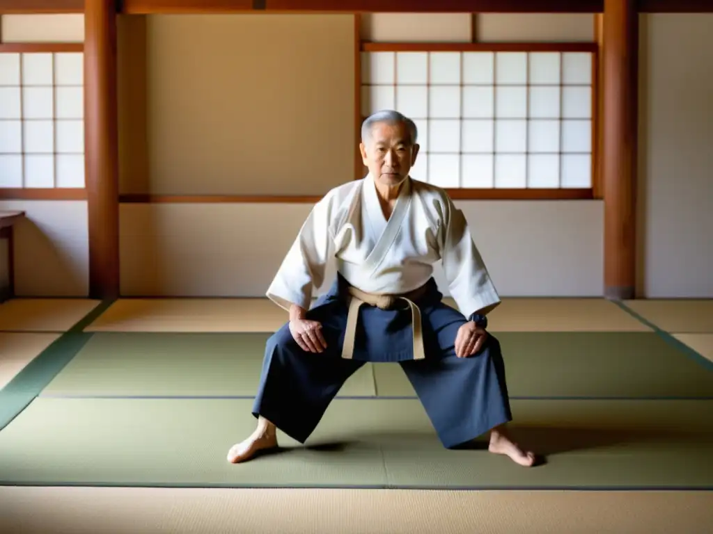 Una persona mayor realizando con gracia una técnica de Aikido en un dojo sereno, destacando los beneficios del Aikido para personas mayores