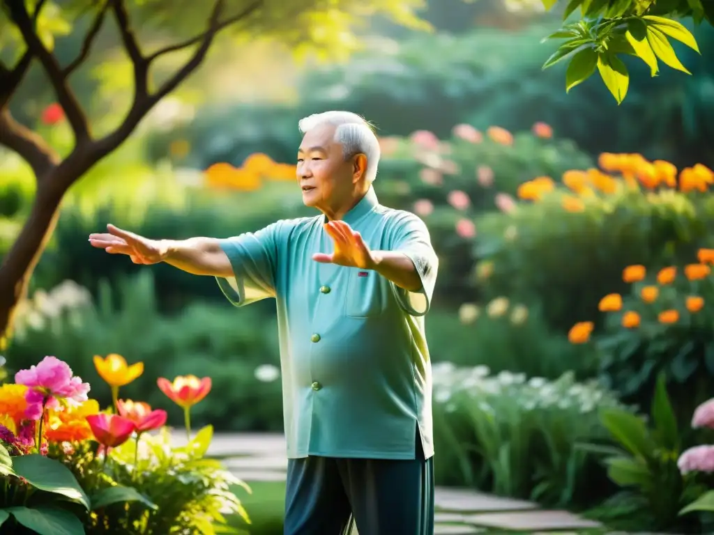 Persona mayor practica Tai Chi en hermoso jardín, rodeada de flores y agua, evocando armonía y beneficios kung fu terapéutico rehabilitación