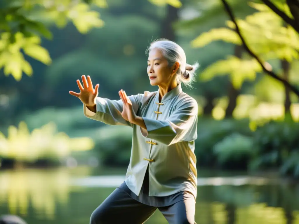 Persona mayor practica Tai Chi en un parque sereno, rodeada de naturaleza, transmitiendo paz y mindfulness