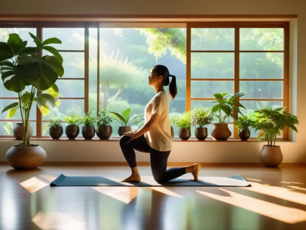 Persona practicando Qigong en un espacio sereno y luminoso con vista al jardín