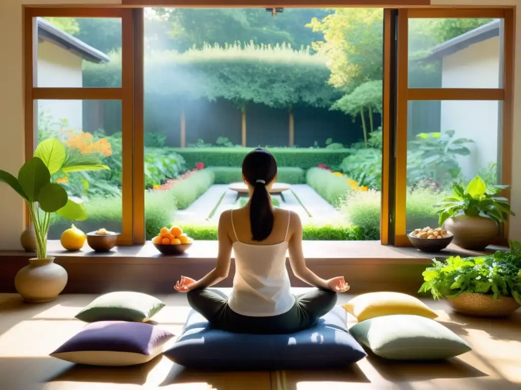 Persona medita en sala soleada con vistas a jardín tranquilo, rodeada de alimentos saludables y tés, creando un ambiente de equilibrio y serenidad