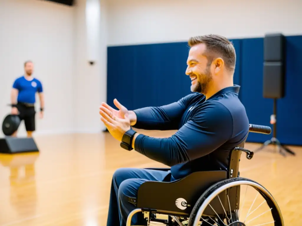 Persona en silla de ruedas aprendiendo autodefensa con instructor, destacando empoderamiento y superación en un estudio luminoso y acogedor