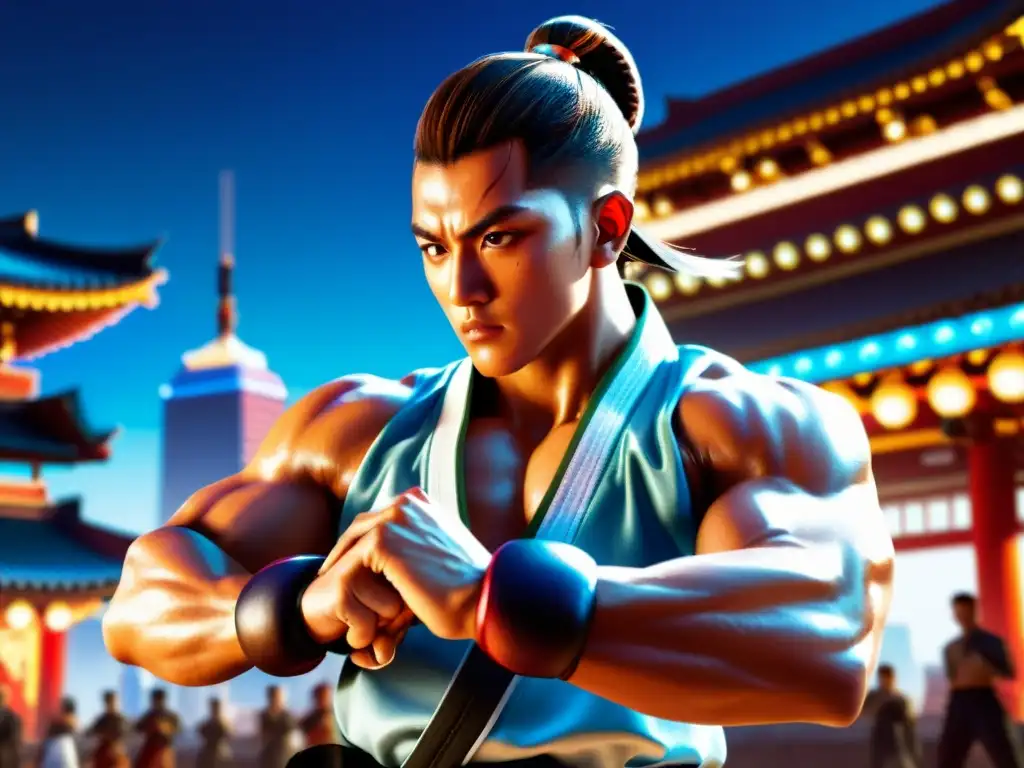 El personaje de videojuego ejecuta una impecable técnica de artes marciales en una ciudad vibrante, mostrando el impacto cultural de las artes marciales en videojuegos