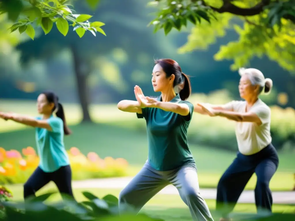 Personas de todas las edades y orígenes practican Qigong y Tai Chi en un parque sereno y soleado, rodeado de exuberante vegetación y flores vibrantes