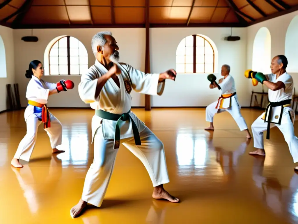 'Personas mayores disfrutan de los beneficios de la capoeira para la tercera edad en un estudio soleado y espacioso, reflejando alegría y comunidad