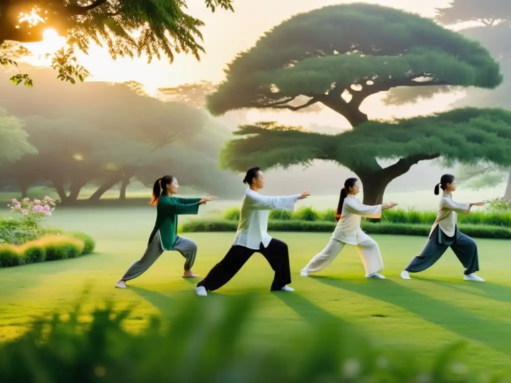 Personas practicando Qigong Tai Chi al amanecer en un parque verde y sereno