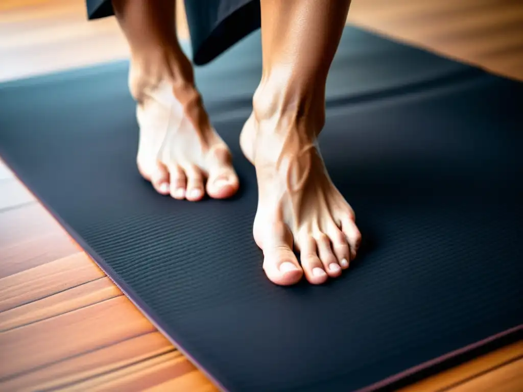 Pies de artista marcial en tapete especializado: enfoque y determinación Los pies del artista marcial se afirman con seguridad en una alfombrilla de yoga para artes marciales, irradiando determinación y enfoque