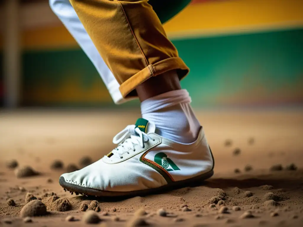 Los pies del maestro de capoeira en movimiento dinámico, reflejando la intensidad y la conexión con los orígenes y técnicas de capoeira en Brasil