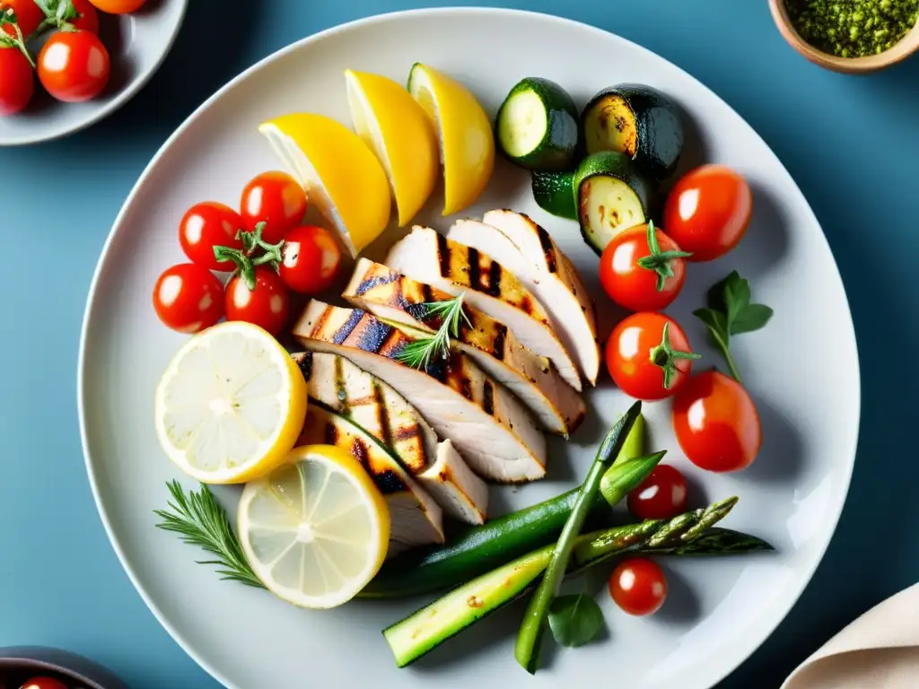 Plato de comida balanceada para entrenamiento Kung Fu, con pollo a las hierbas, verduras asadas y presentación vibrante