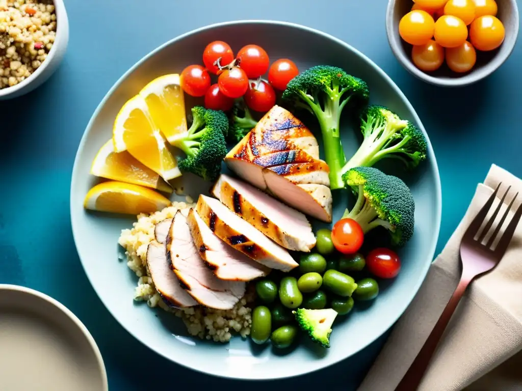 Plato de comida equilibrada para la Dieta del guerrero para luchadores: pollo a la parrilla, brócoli, quinua y frutas y verduras frescas