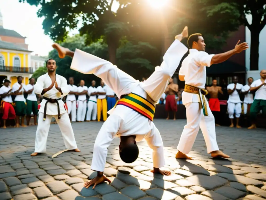 En la Plaza AfroBrasileña, capoeiristas realizan movimientos acrobáticos y danza, rodeados de energía y pasión