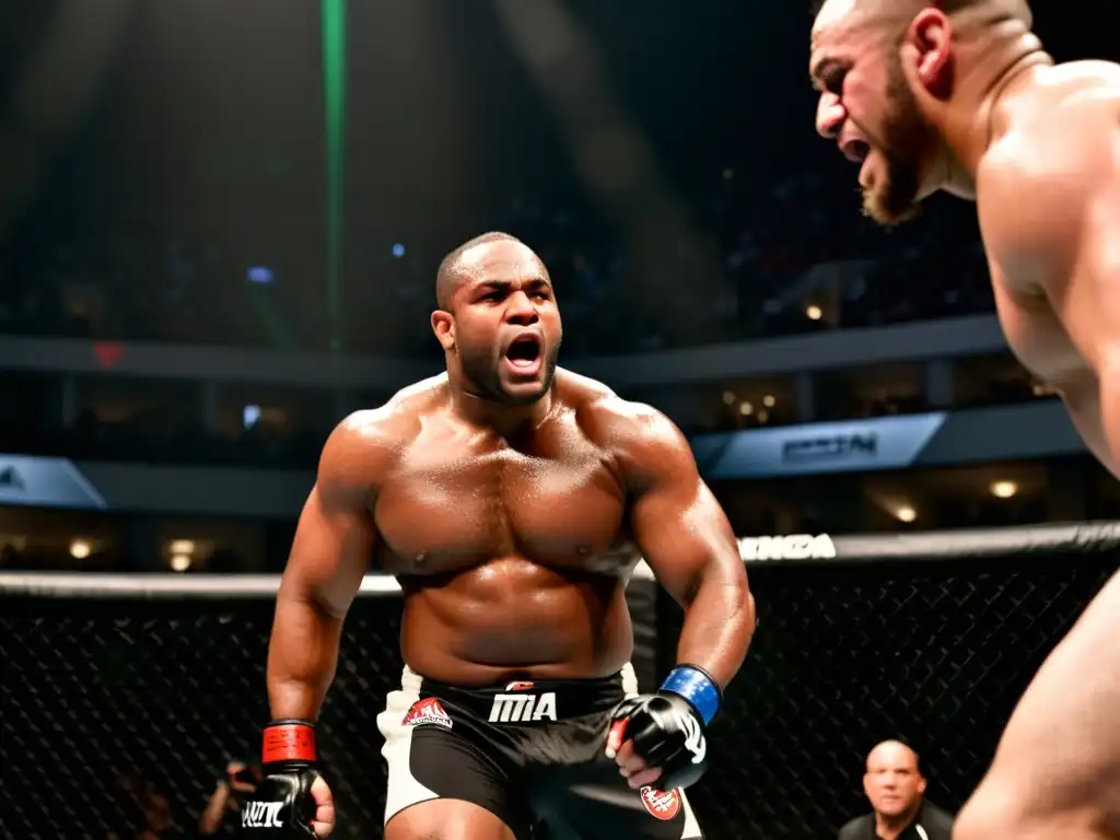 Daniel Cormier en plena lucha de artes marciales, con músculos tensos y determinación, camino al estrellato en MMA