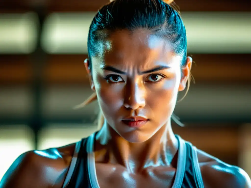 Una poderosa representación de mujeres guerreras en un dojo de artes marciales, con una luchadora en primer plano