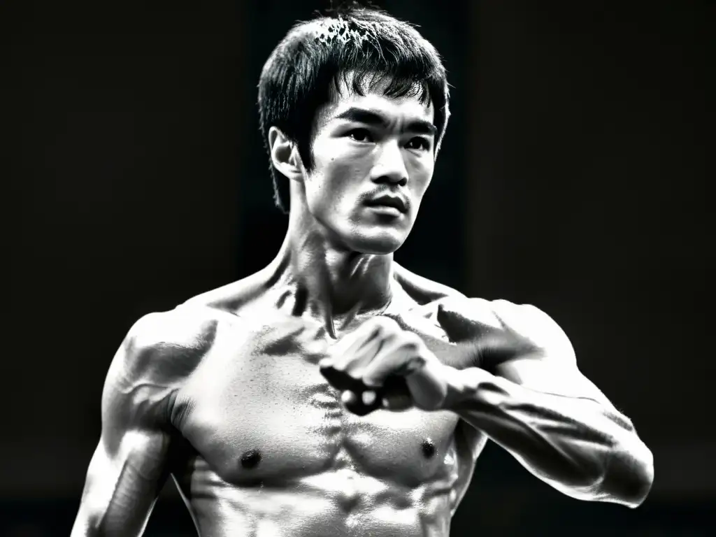 Bruce Lee en una poderosa pose de artes marciales, con sudor brillante en su cuerpo